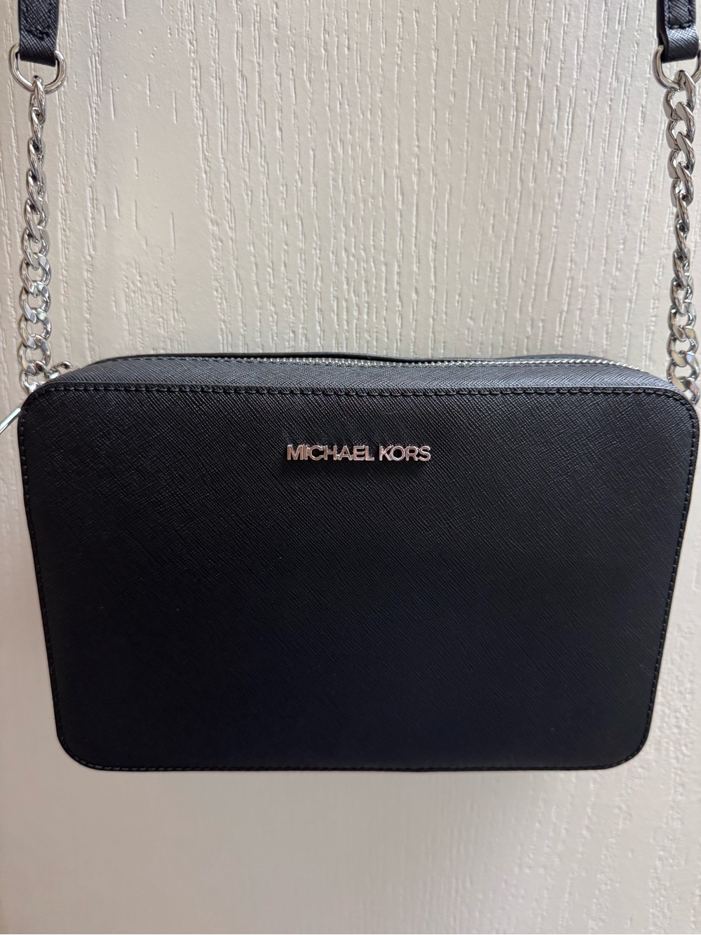 Michael Kors Black Saffiano Crossbody with Silver Chain